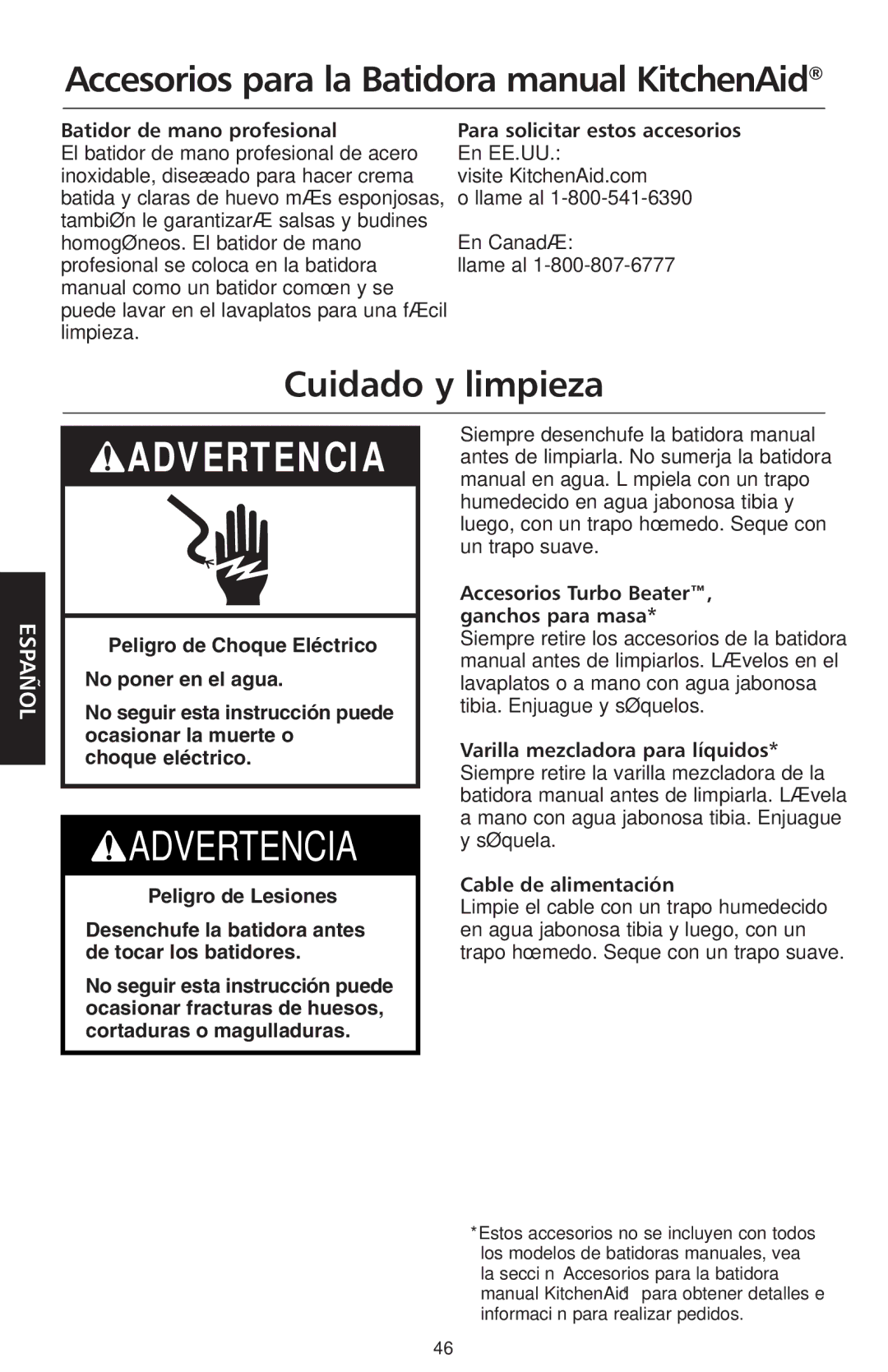 KitchenAid KHM720, KHM920 manual Cuidado y limpieza, Batidor de mano profesional 