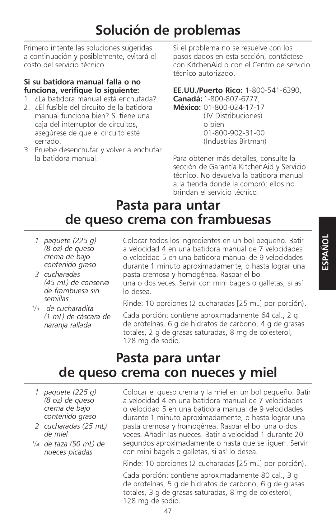 KitchenAid KHM920, KHM720 manual Solución de problemas, Pasta para untar De queso crema con frambuesas, EE.UU./Puerto Rico 