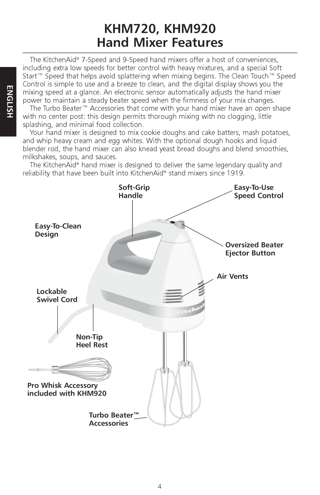 KitchenAid manual KHM720, KHM920 Hand Mixer Features 