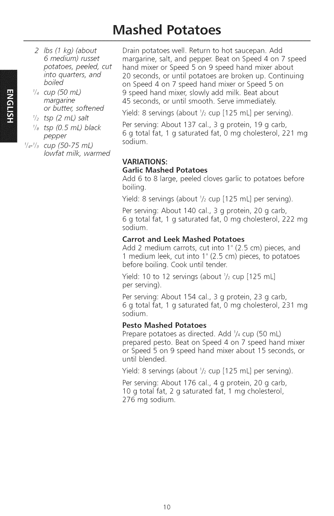 KitchenAid KHM920, KHM720 manual Mashed Potatoes, Variations 