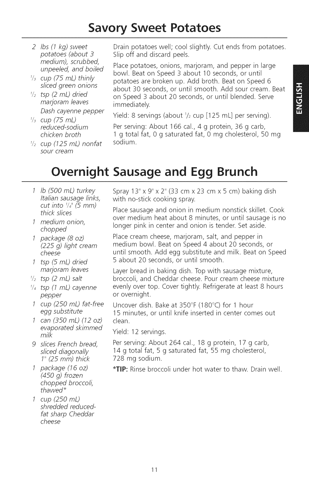 KitchenAid KHM720, KHM920 manual Savory Sweet Potatoes, Overnight Sausage Egg Brunch 