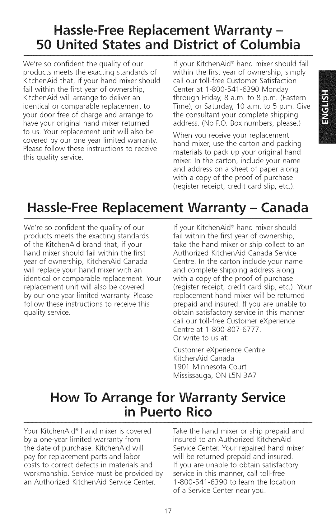 KitchenAid KHM720, KHM920 manual How To Arrange for Warranty Service Puerto Rico, Hassle-Free Replacement Warranty- Canada 