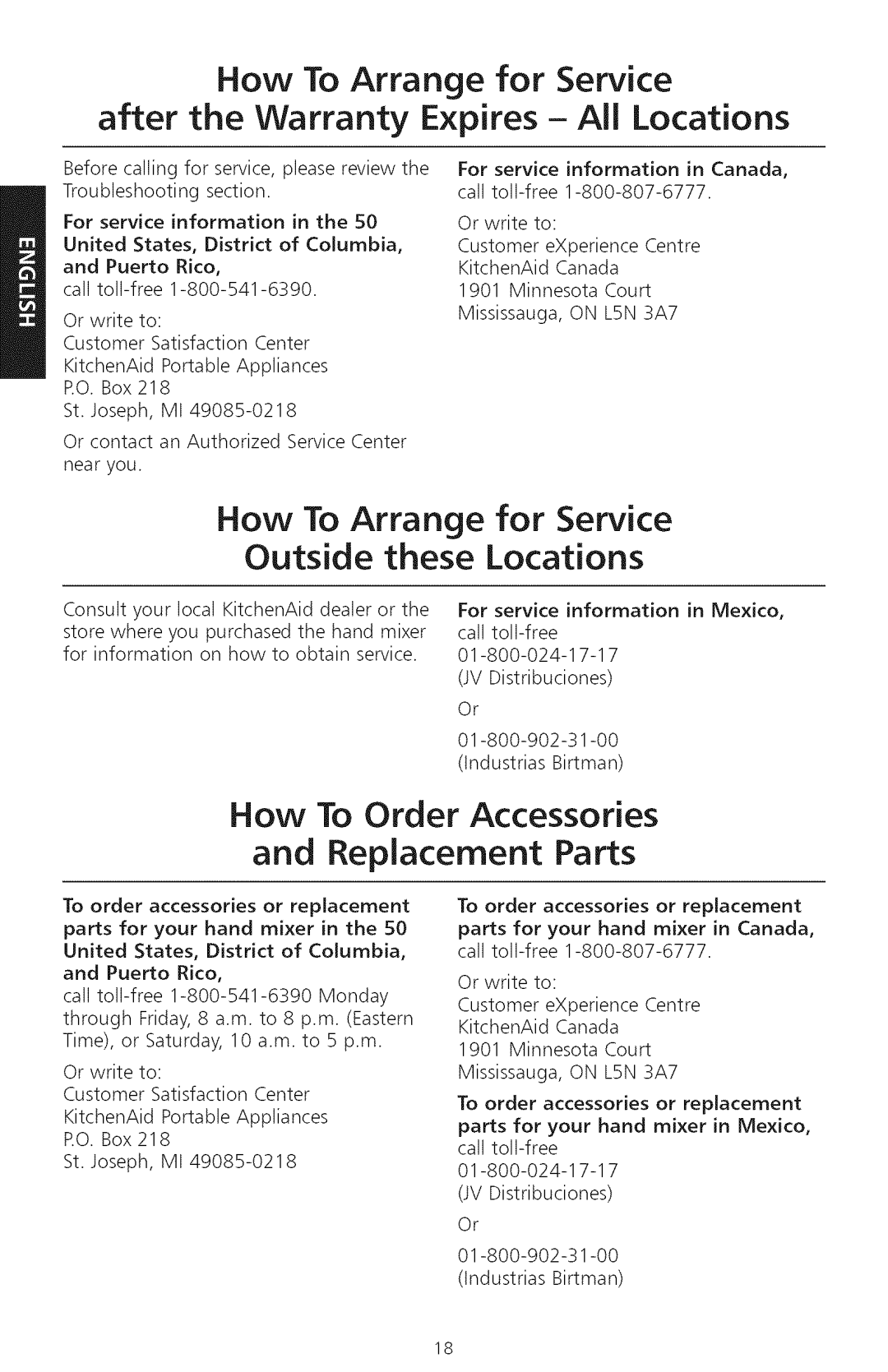 KitchenAid KHM920 manual How To Arrange for Service Outside these Locations, How To Order Accessories and Replacement Parts 