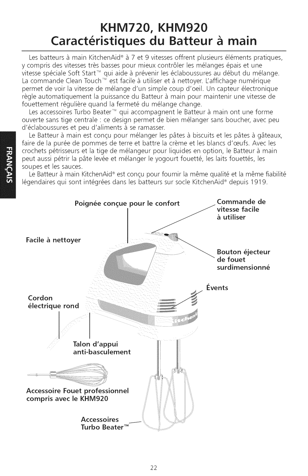 KitchenAid manual KHM720, KHM920 Caract ristiques du Batteur main 