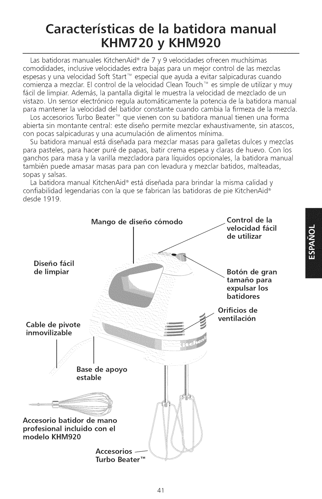 KitchenAid Caracteristicas de ia batidora manual KHM720 y KHM920 