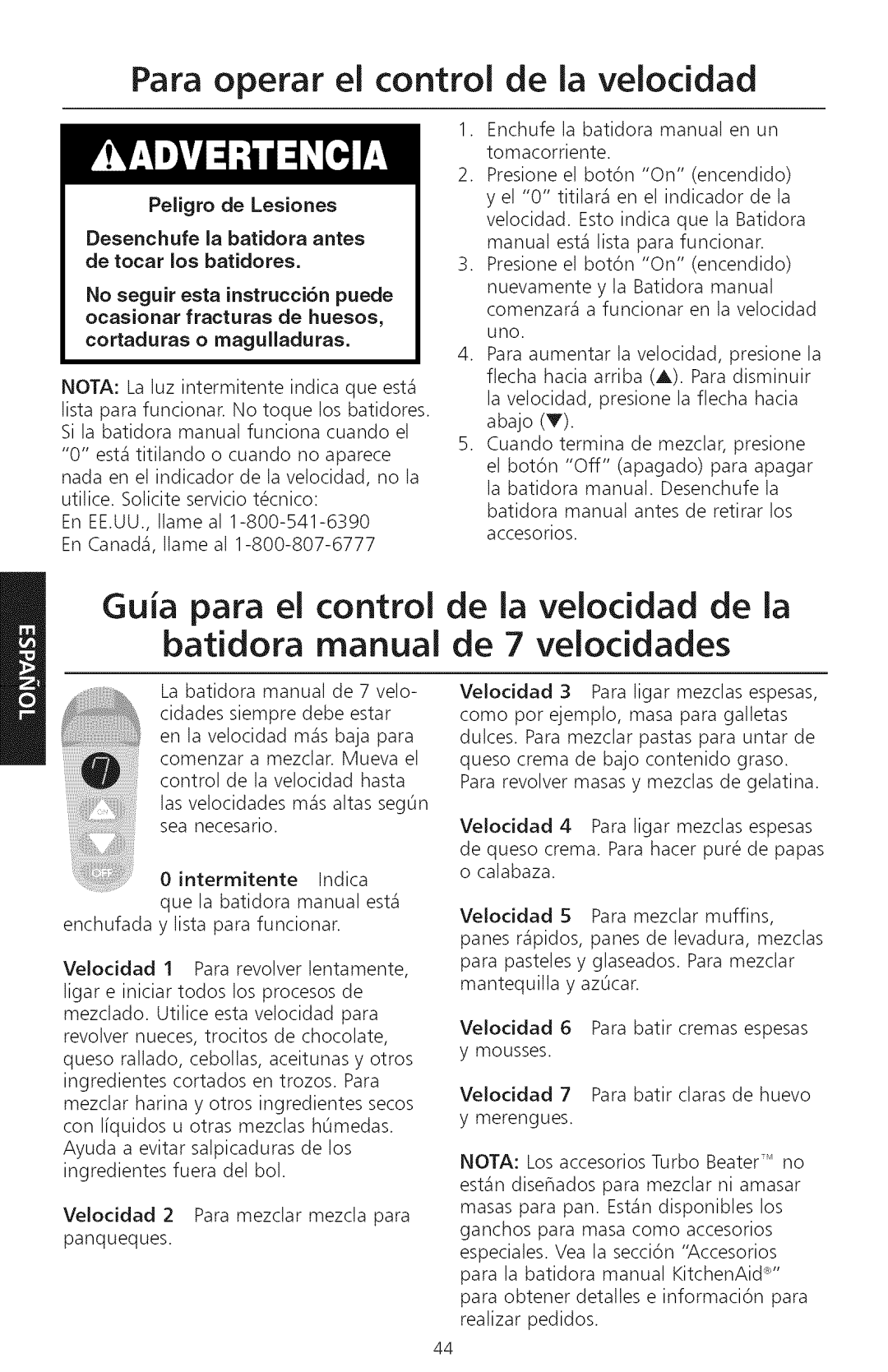 KitchenAid KHM920, KHM720 manual Para operar el control de la velocidad 