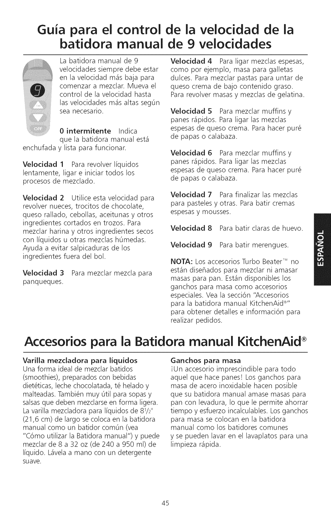 KitchenAid KHM720, KHM920 Guia para el control batidora manual, De la velocidad de la de 9 veloddades 