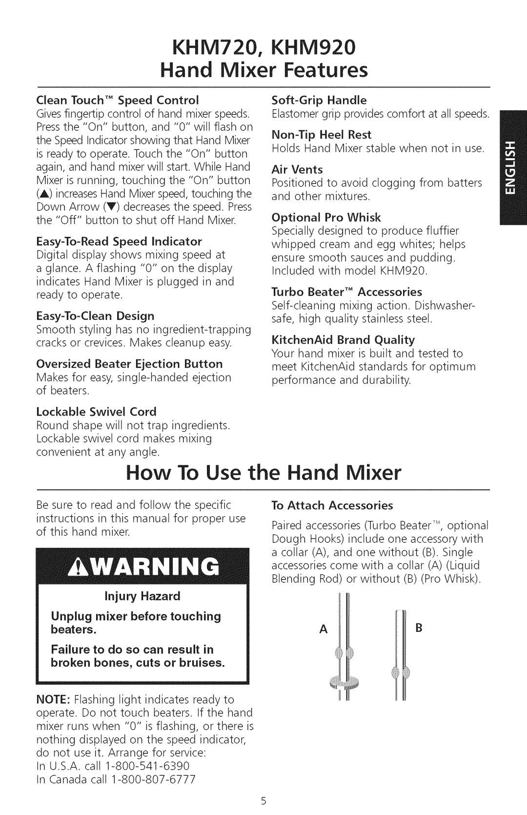 KitchenAid manual How To Use the Hand Mixer, KHM720 Hand Mixer, KHM920 Features 