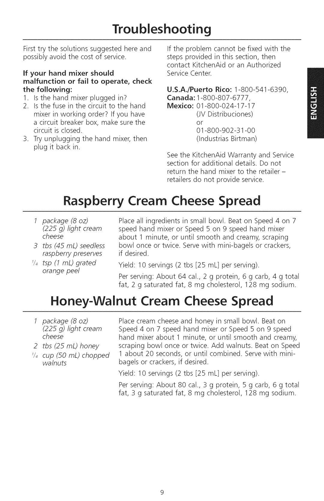 KitchenAid KHM720, KHM920 manual Troubleshooting, Raspberry Cream Cheese Spread, Honey-Walnut Cream Cheese Spread 