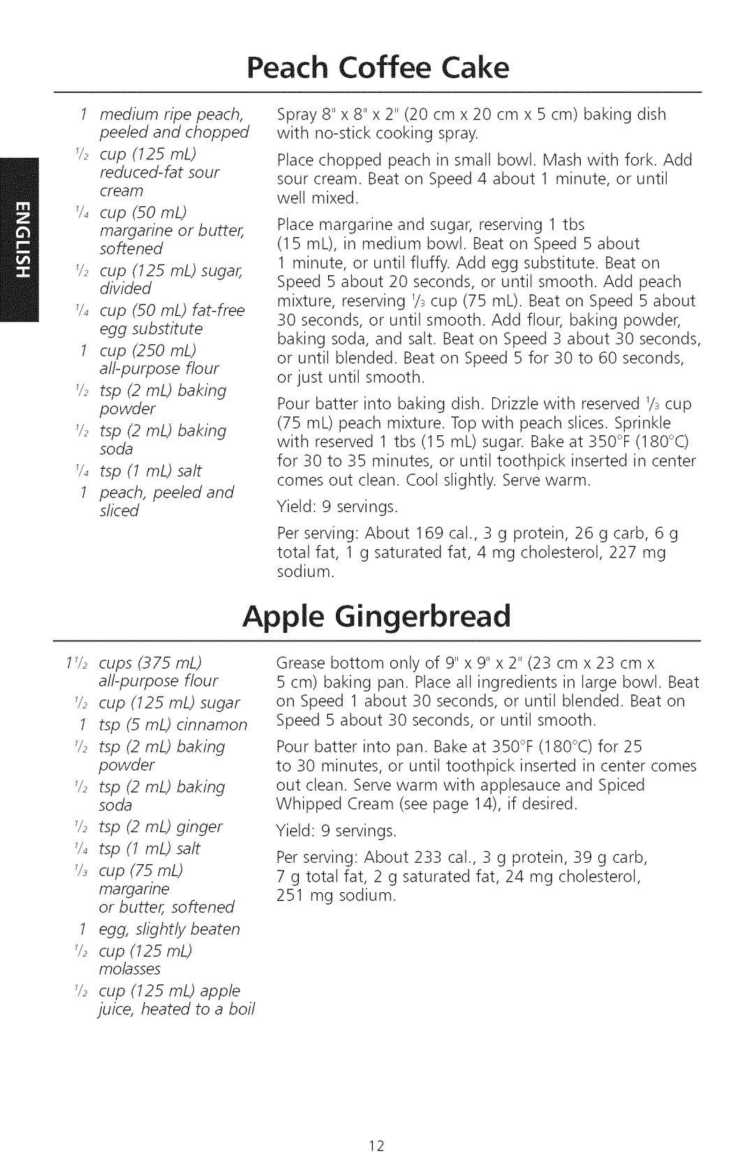 KitchenAid KHM920, KHM720 manual Apple Gingerbread, Peach Coffee Cake 