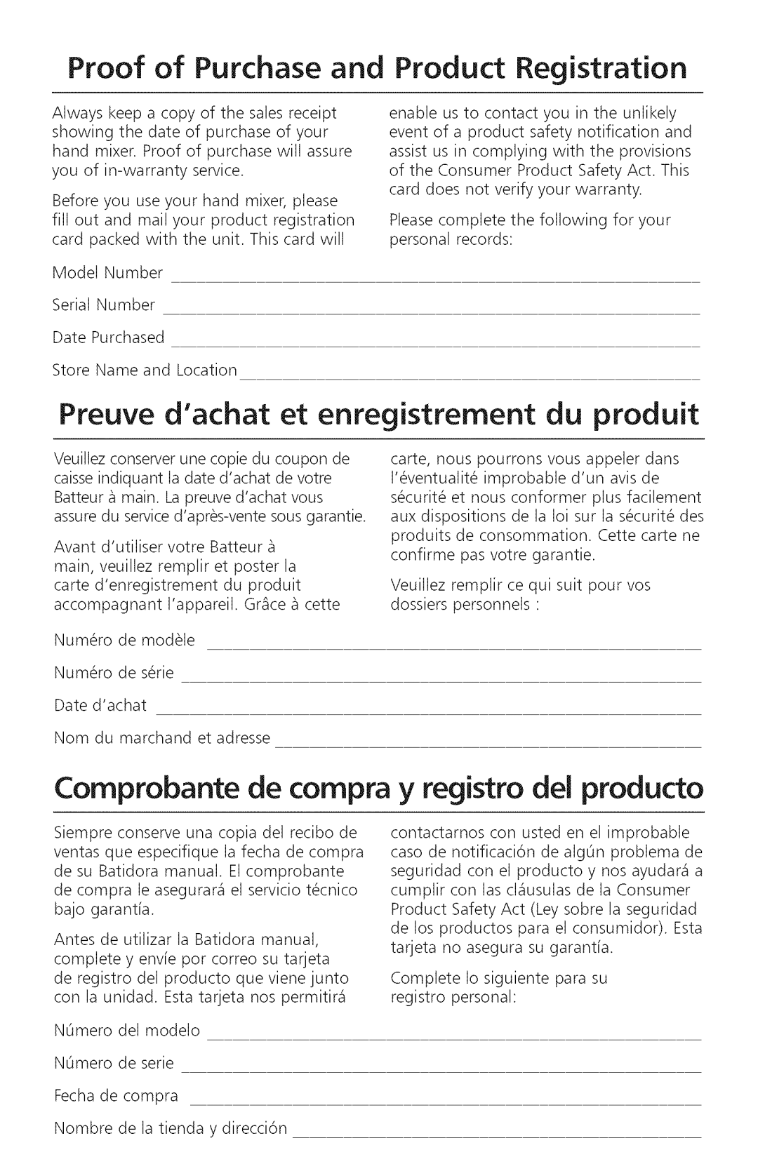 KitchenAid KHM920, KHM720 manual Preuve dachat et enregistrement du produit, Comprobante de compra y registro del producto 