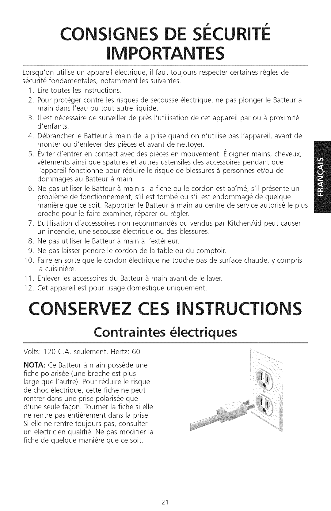 KitchenAid KHM720, KHM920 manual Consignes De Securite, Importantes, Conservez Ces Instructions, Contraintes iectriques 