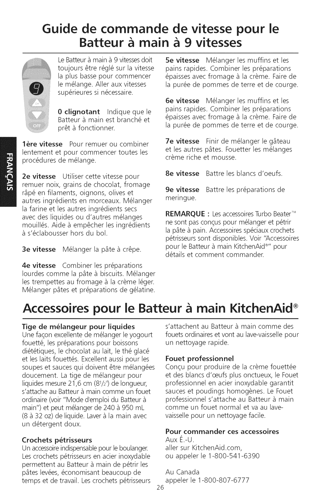 KitchenAid KHM920, KHM720 manual Guide de commande de vitesse pour ie Batteur main 9 vitesses 