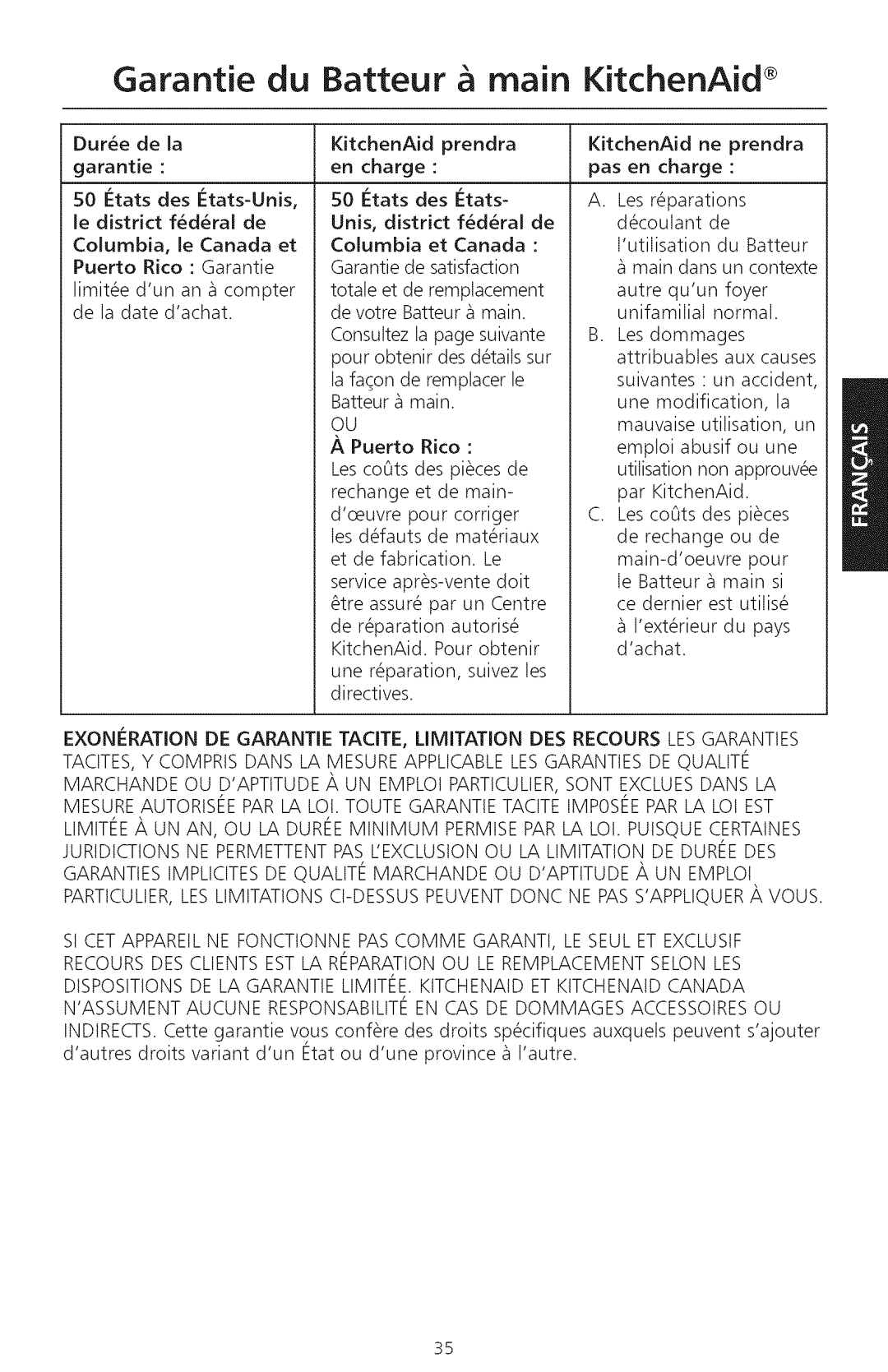 KitchenAid KHM720, KHM920 manual Garantie du Batteur & main KitchenAid 
