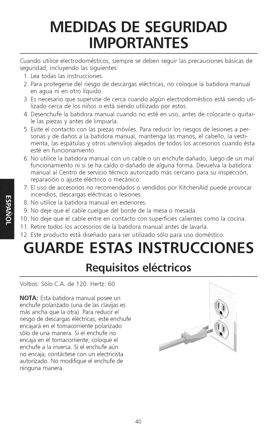 KitchenAid KHM920, KHM720 manual Medidas De Seguridad Importantes, Guarde Estas Instrucciones, Requisitos ei ctricos 
