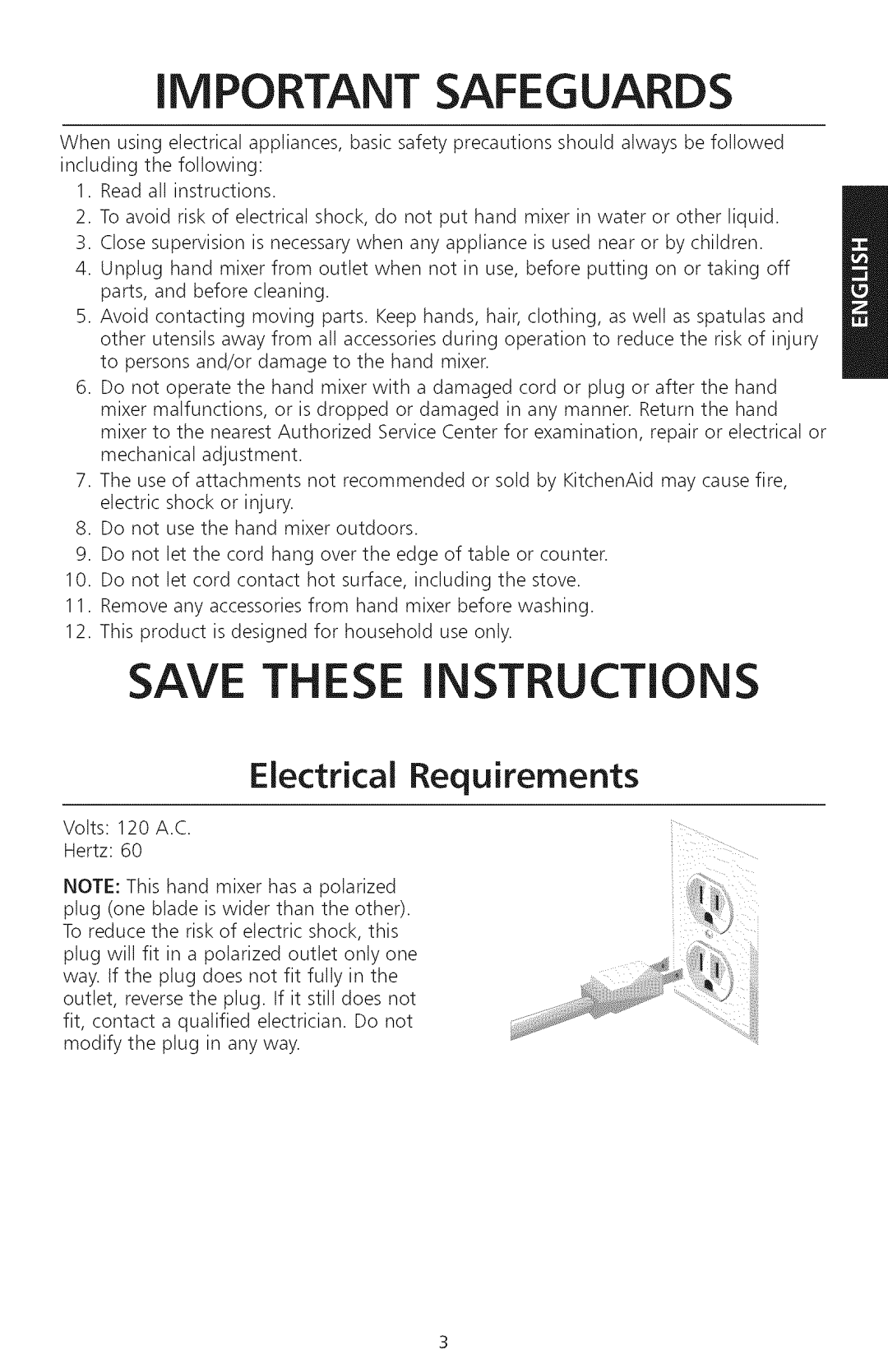KitchenAid KHM720, KHM920 manual iMPORTANT SAFEGUARDS, Save These Instructions, Electrical Requirements 