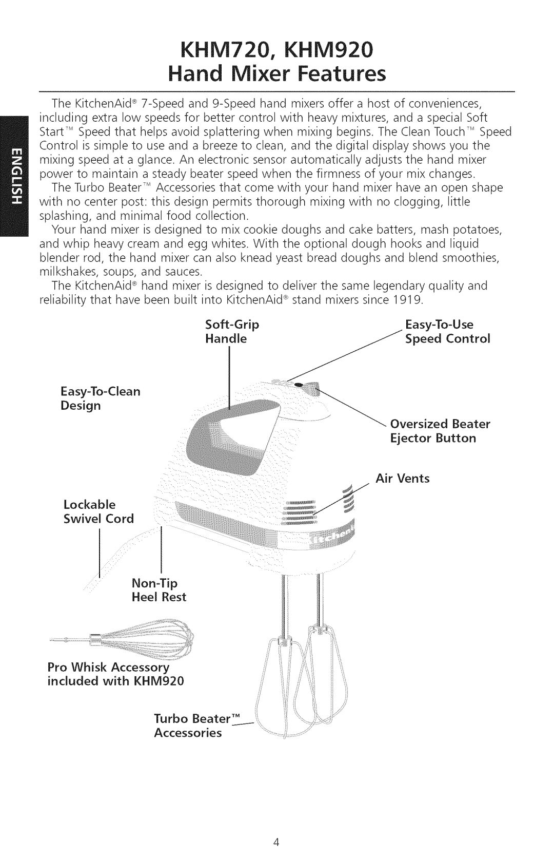KitchenAid manual KHM720, KHM920 Hand Mixer Features 