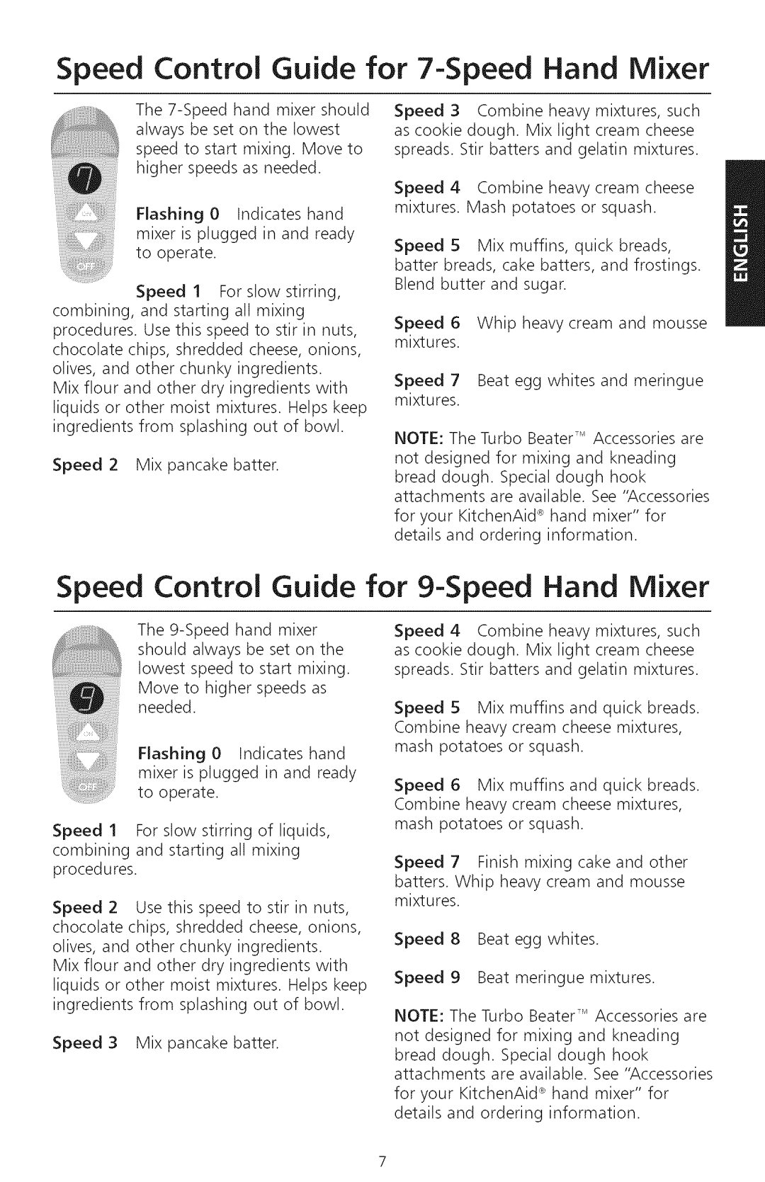 KitchenAid KHM720, KHM920 manual Speed Control Guide for 9Speed Hand Mixer, Speed Control Guide for 7-Speed Hand Mixer 