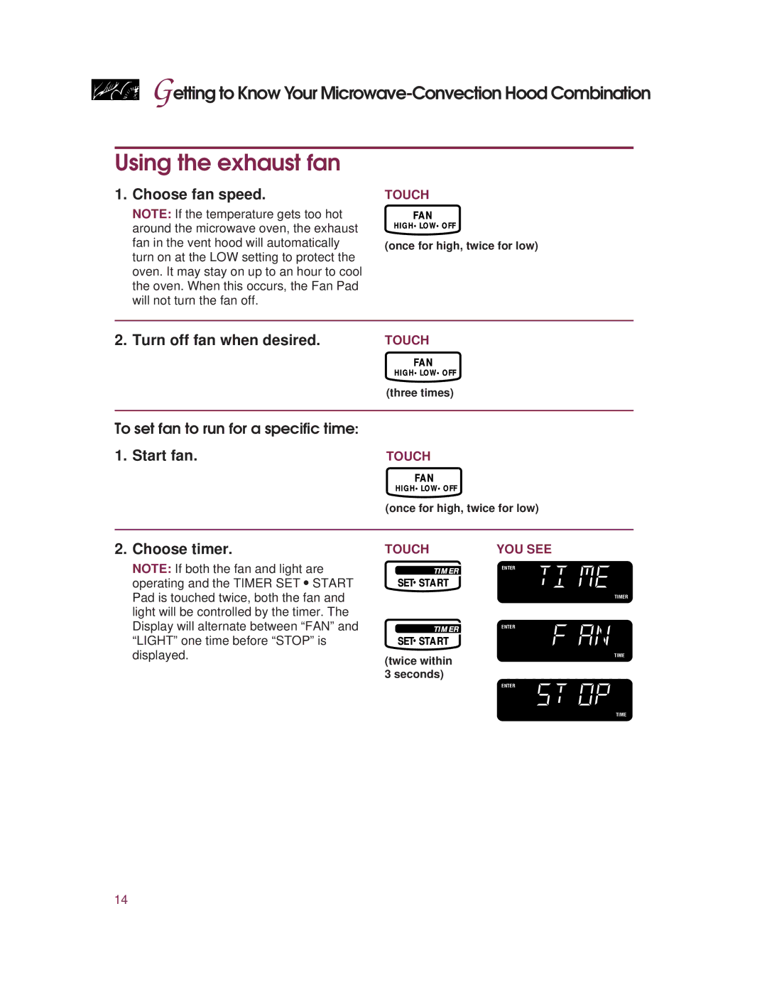 KitchenAid KHMC107E warranty Using the exhaust fan, Choose fan speed, To set fan to run for a specific time, Choose timer 