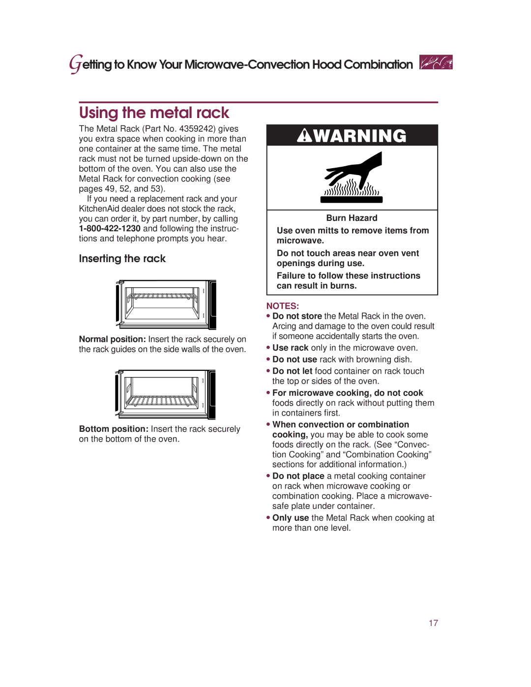 KitchenAid KHMC107E warranty Using the metal rack, Inserting the rack 