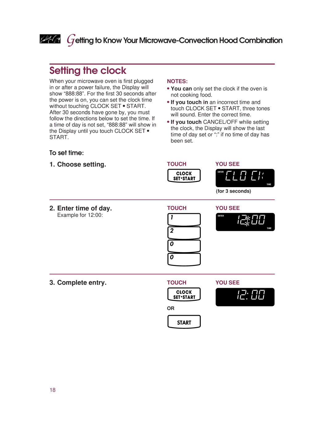 KitchenAid KHMC107E warranty Setting the clock, To set time, Choose setting, Enter time of day, Complete entry 