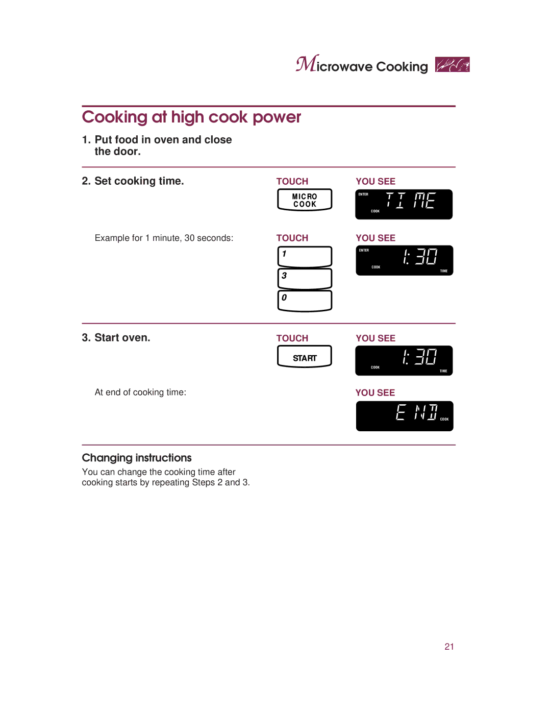 KitchenAid KHMC107E warranty Cooking at high cook power, Put food in oven and close the door Set cooking time, Start oven 