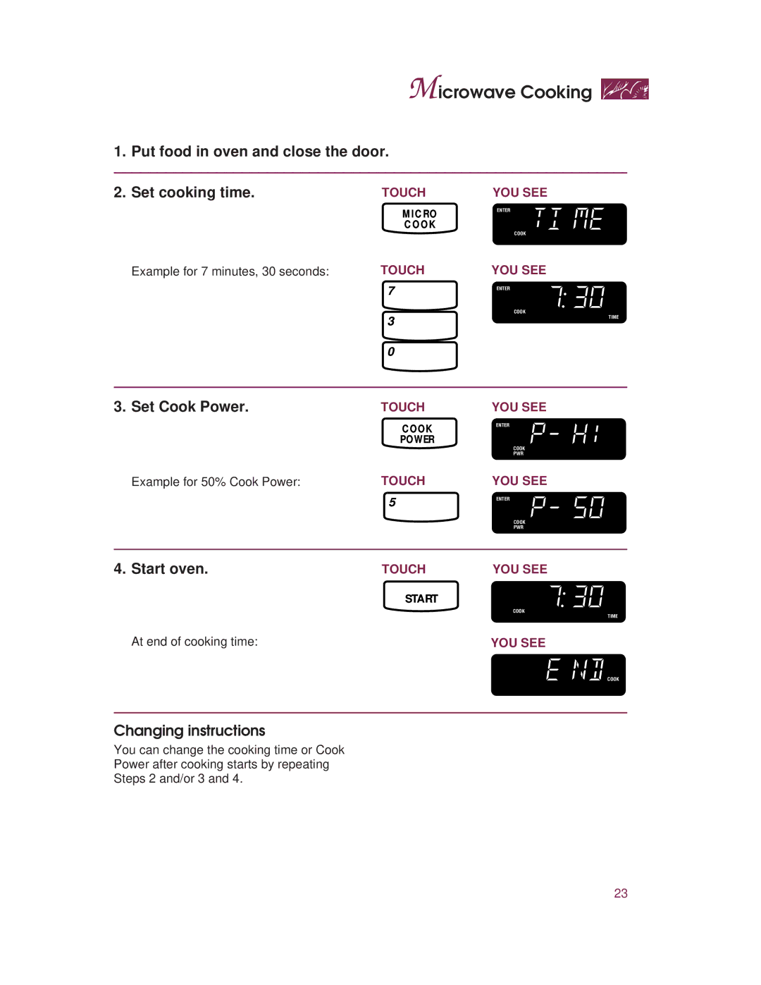 KitchenAid KHMC107E Set Cook Power, Example for 7 minutes, 30 seconds, Example for 50% Cook Power, At end of cooking time 