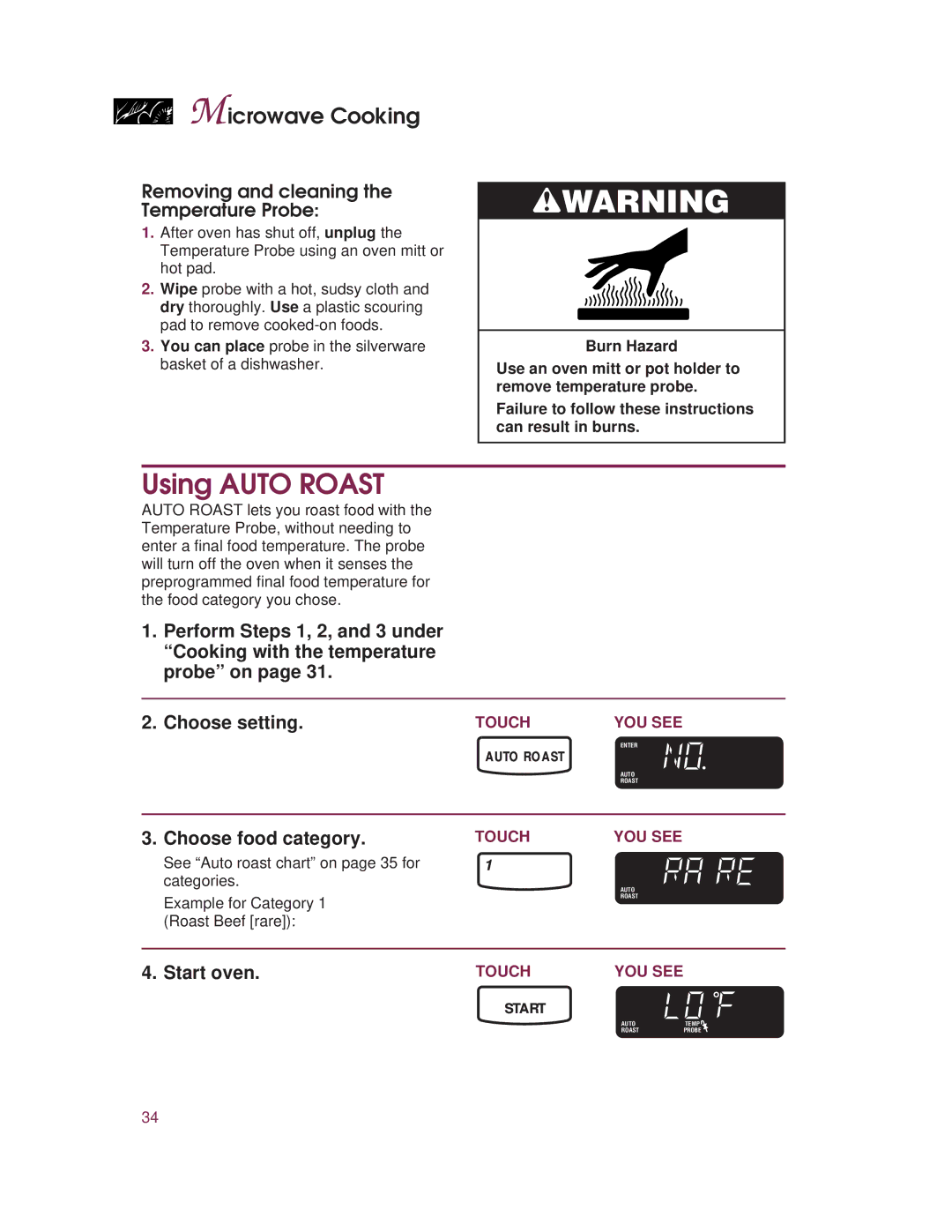 KitchenAid KHMC107E warranty Using Auto Roast, Removing and cleaning the Temperature Probe, Choose food category 