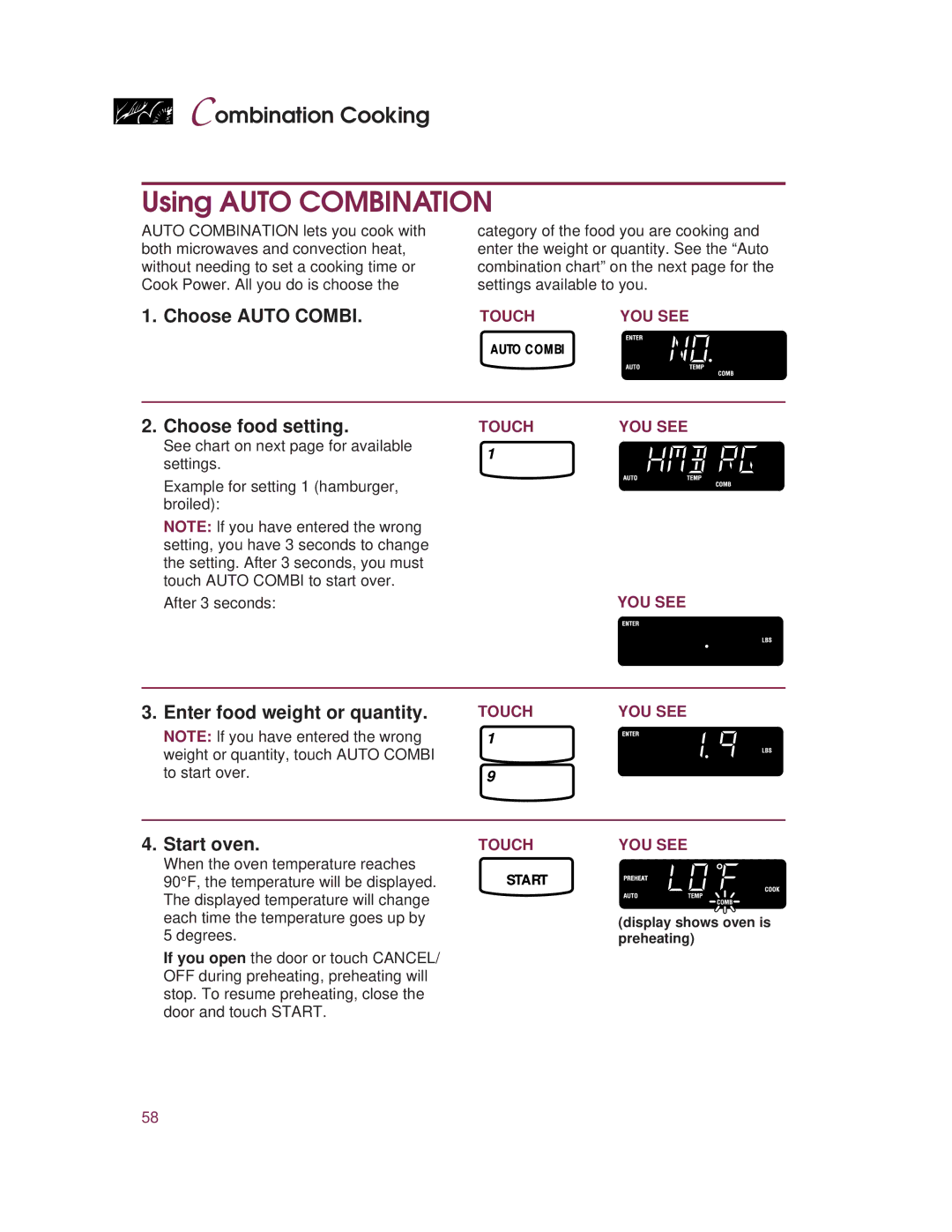 KitchenAid KHMC107E warranty Using Auto Combination, Choose Auto Combi, Choose food setting, Enter food weight or quantity 