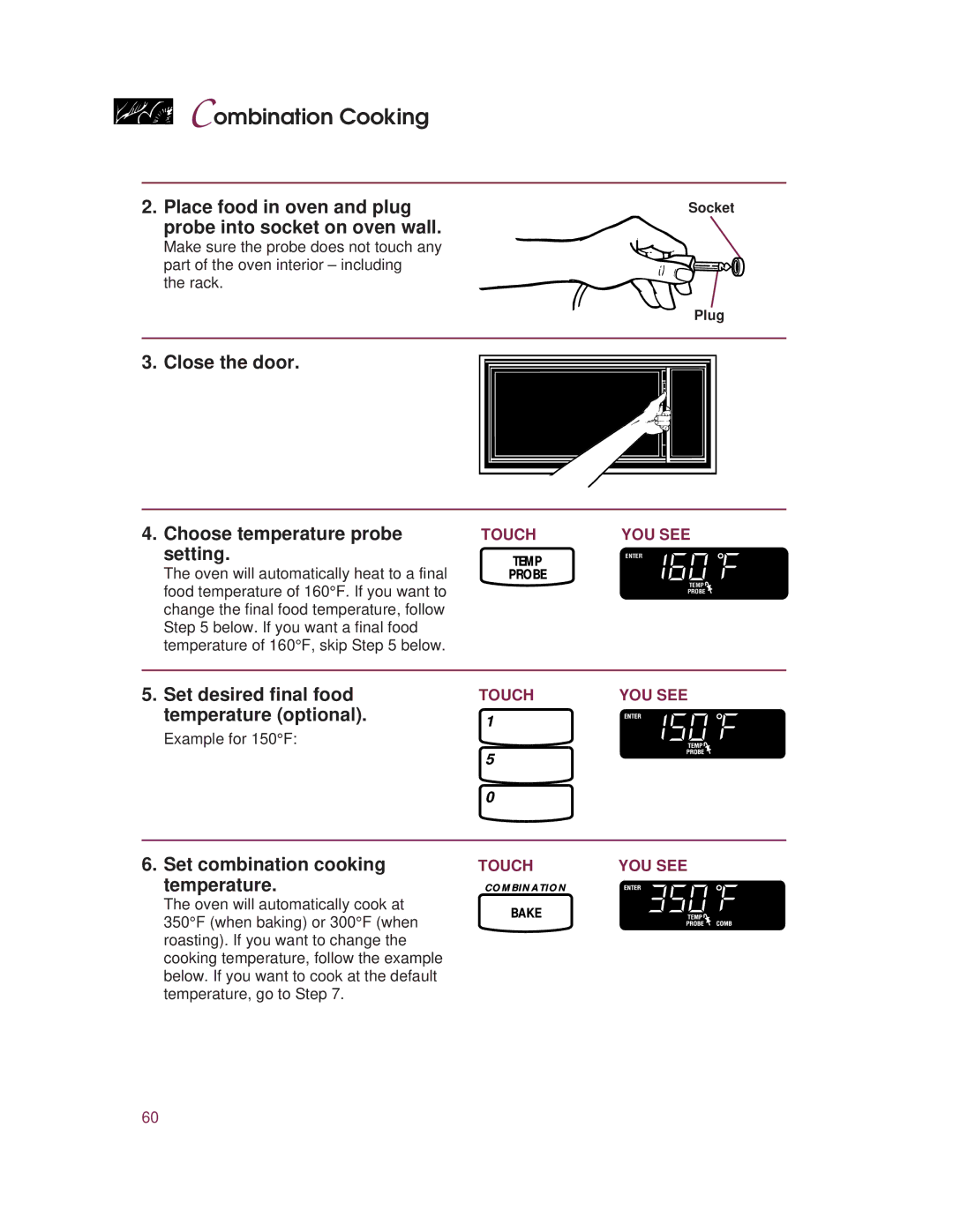 KitchenAid KHMC107E warranty Close the door Choose temperature probe setting, Set combination cooking temperature 