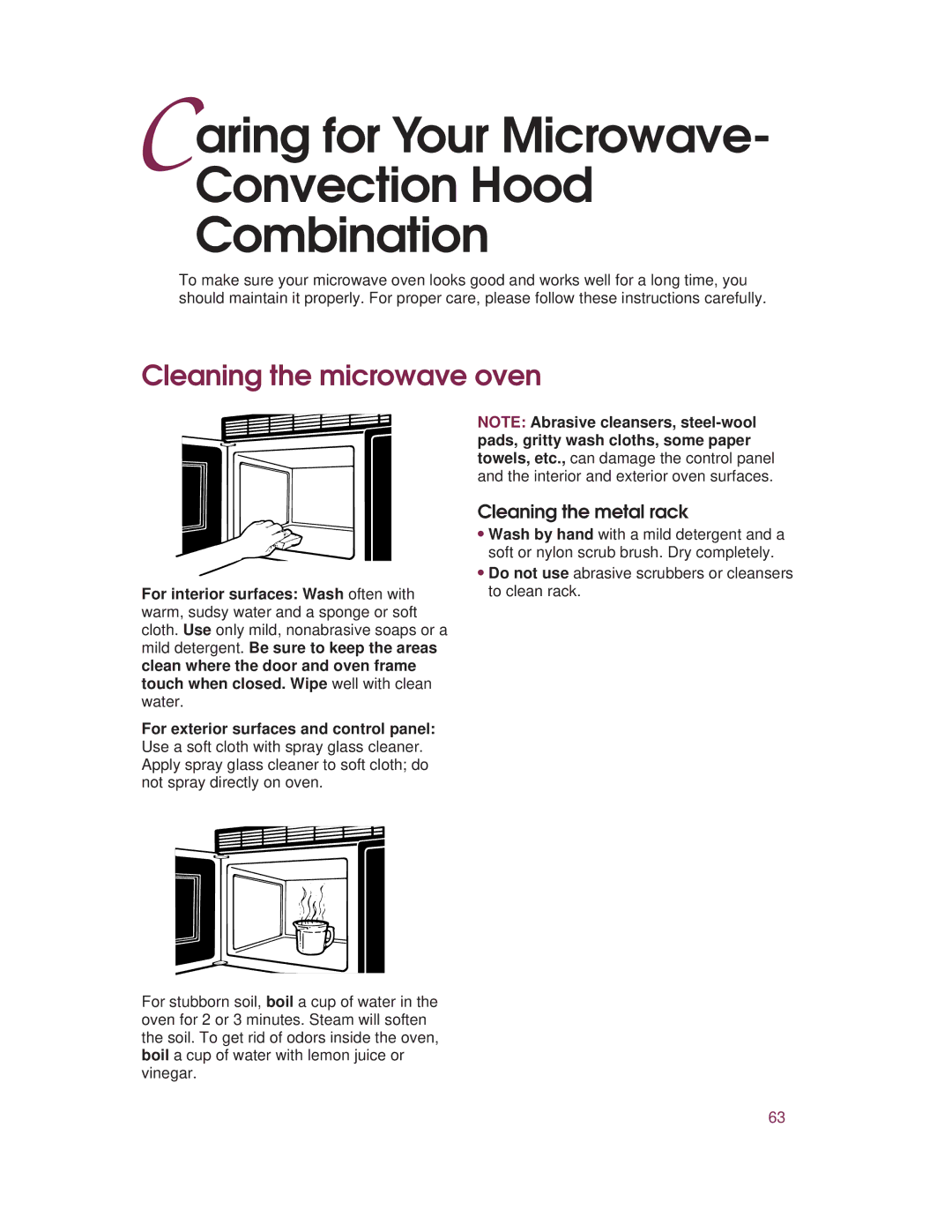 KitchenAid KHMC107E warranty Caring for Your Microwave- Convection Hood Combination, Cleaning the microwave oven 