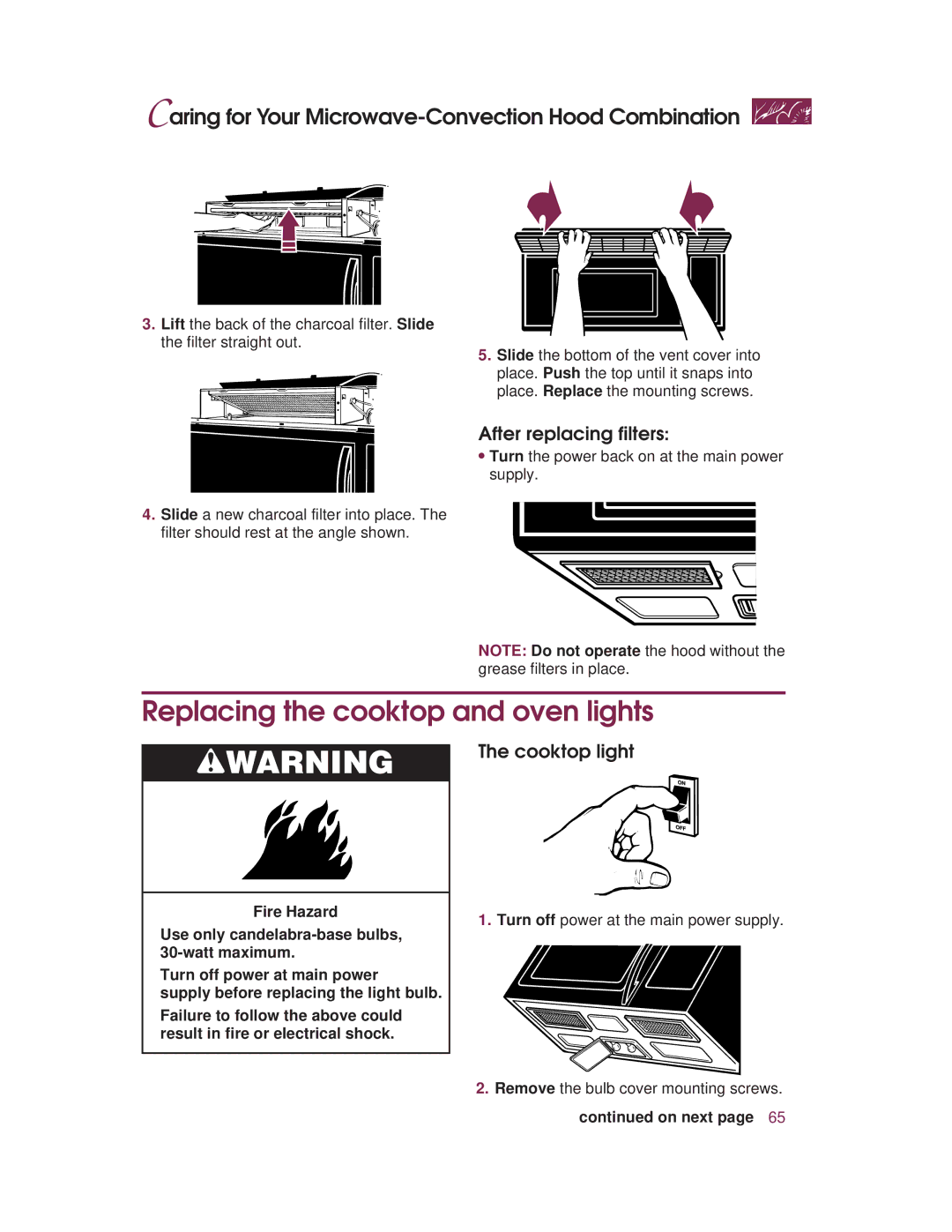 KitchenAid KHMC107E warranty Replacing the cooktop and oven lights, After replacing filters, Cooktop light 