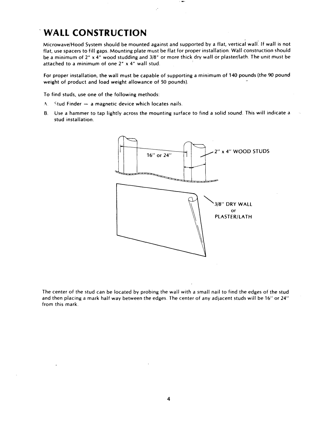 KitchenAid KHMS 106, KHMS 105 installation instructions Wall Construction, Plaster/Lath 