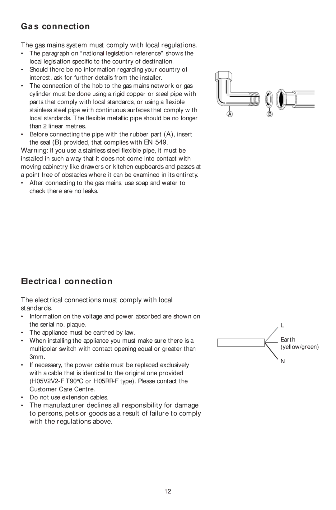 KitchenAid KHMS 9010/I manual Gas connection, Electrical connection, Gas mains system must comply with local regulations 