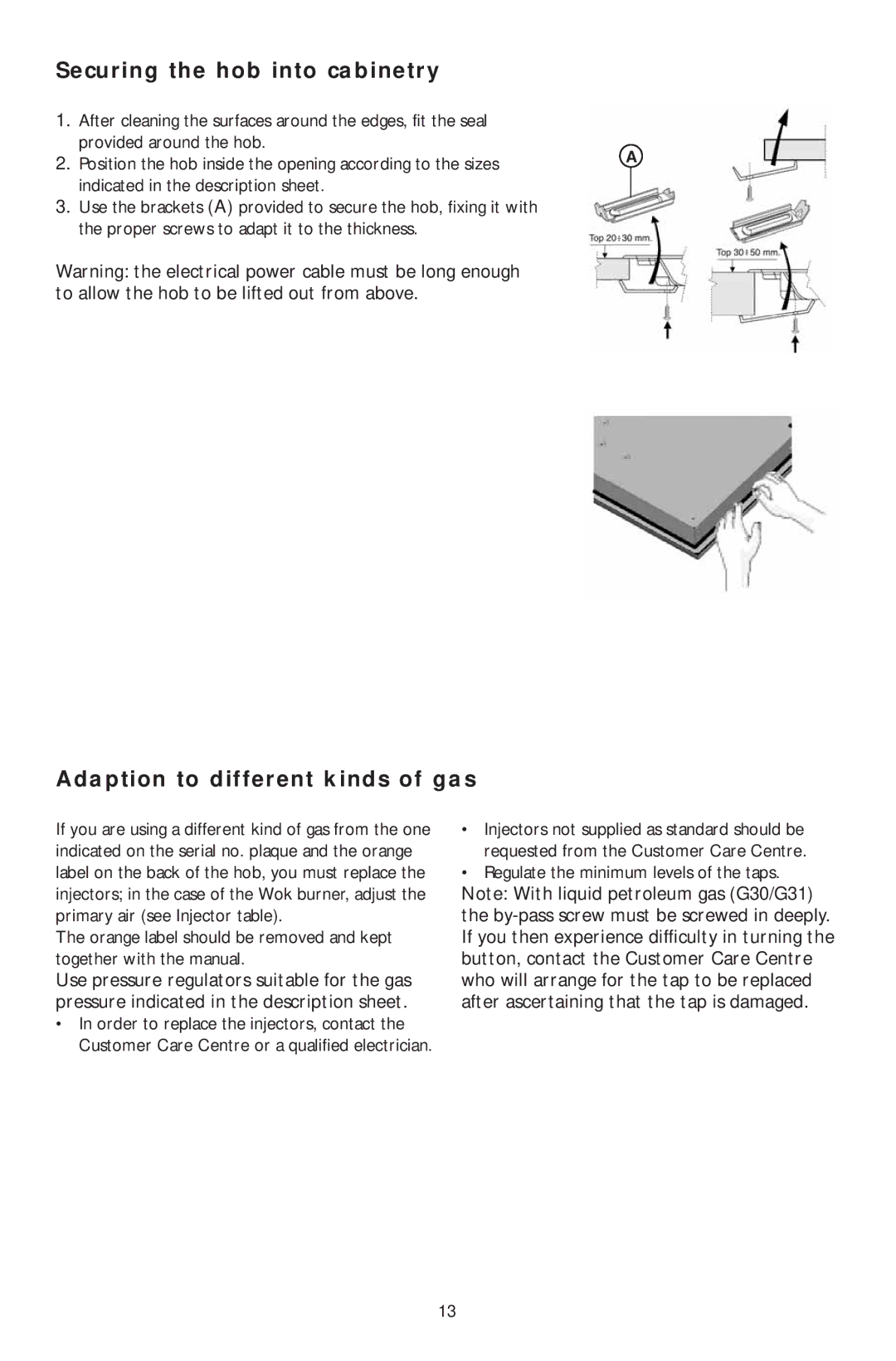 KitchenAid KHMS 9010/I manual Securing the hob into cabinetry, Adaption to different kinds of gas 