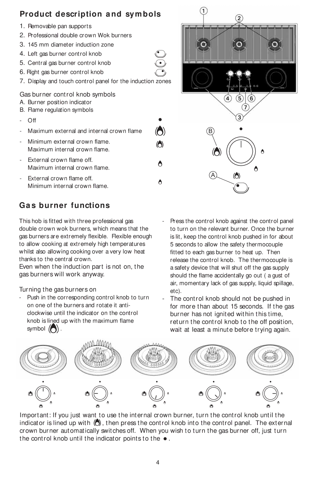 KitchenAid KHMS 9010/I manual Product description and symbols, Gas burner functions, Gas burner control knob symbols 