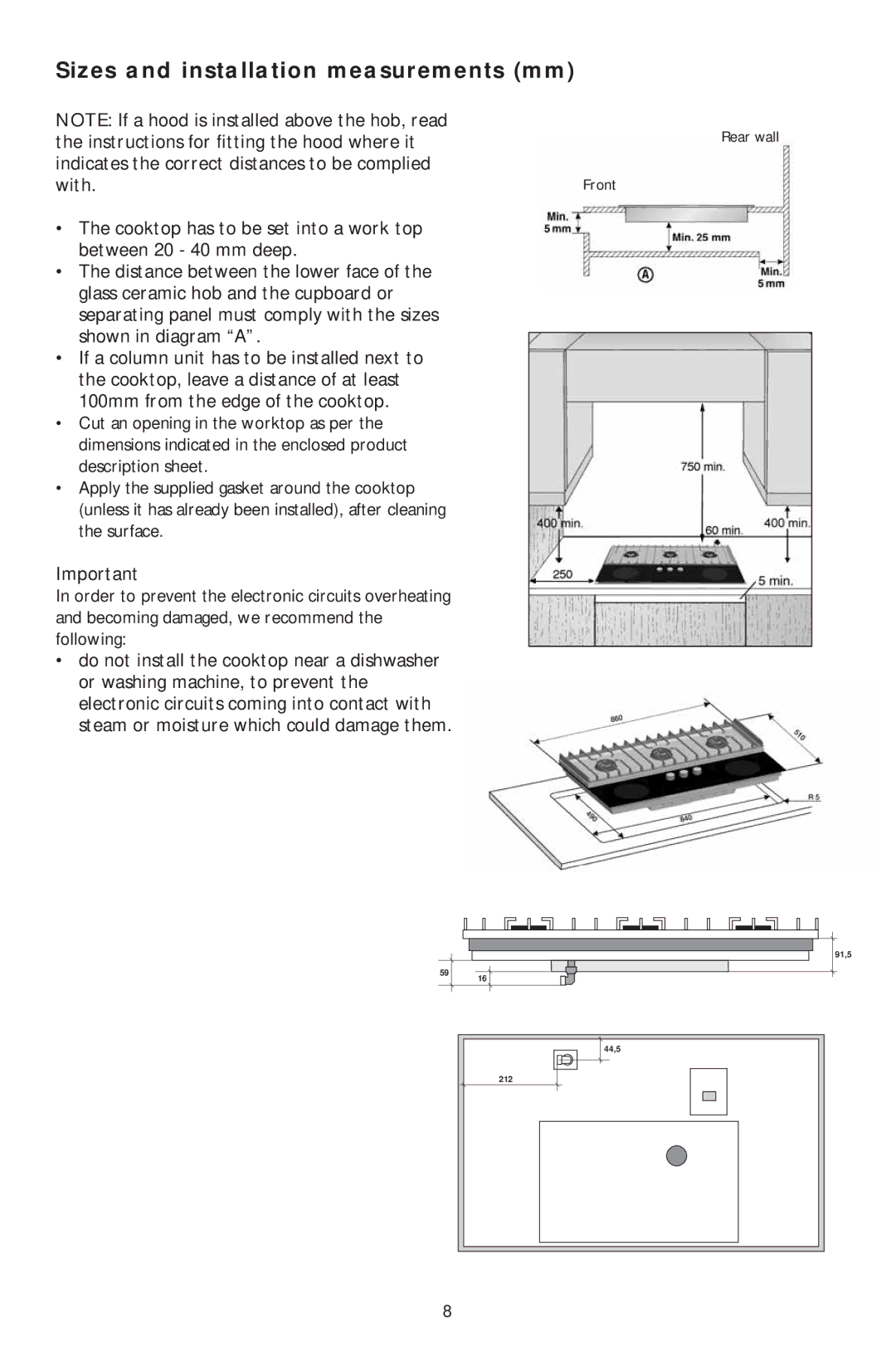 KitchenAid KHMS 9010/I manual Sizes and installation measurements mm 