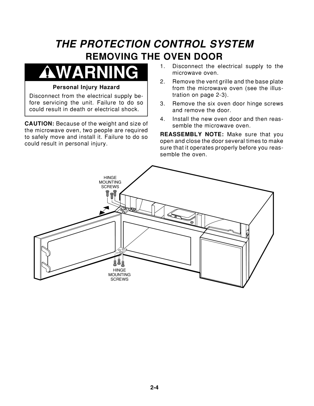 KitchenAid KHMS105E service manual Protection Control System, Removing the Oven Door 