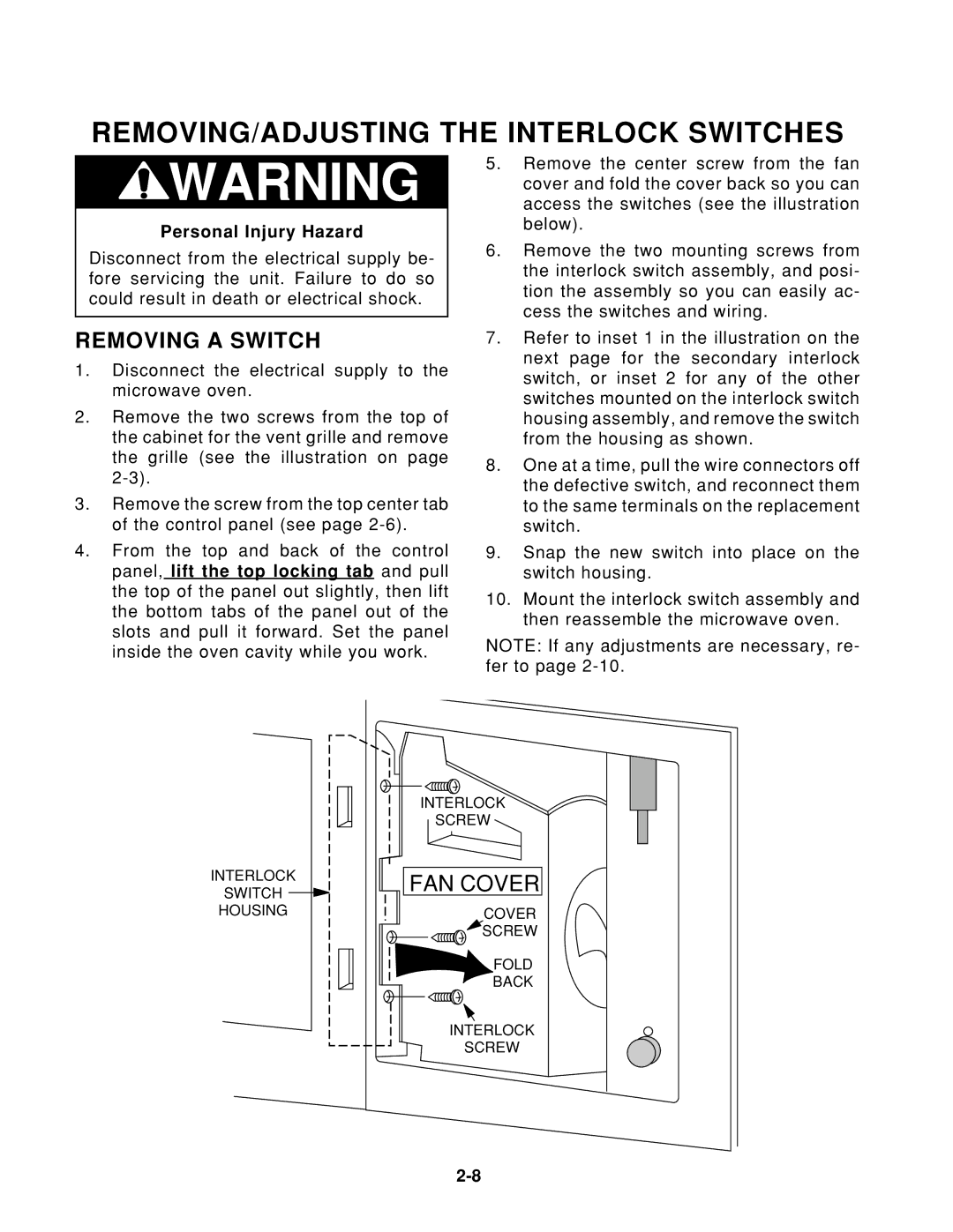 KitchenAid KHMS105E service manual REMOVING/ADJUSTING the Interlock Switches, Removing a Switch 