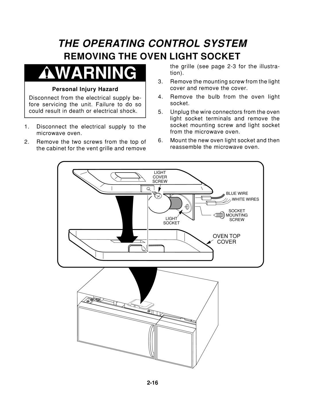 KitchenAid KHMS105E service manual Operating Control System, Removing the Oven Light Socket 