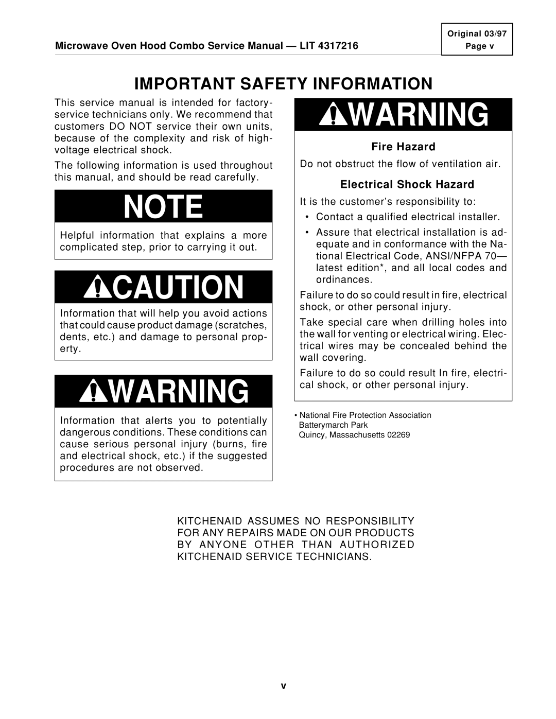 KitchenAid KHMS105E service manual Important Safety Information, Electrical Shock Hazard 