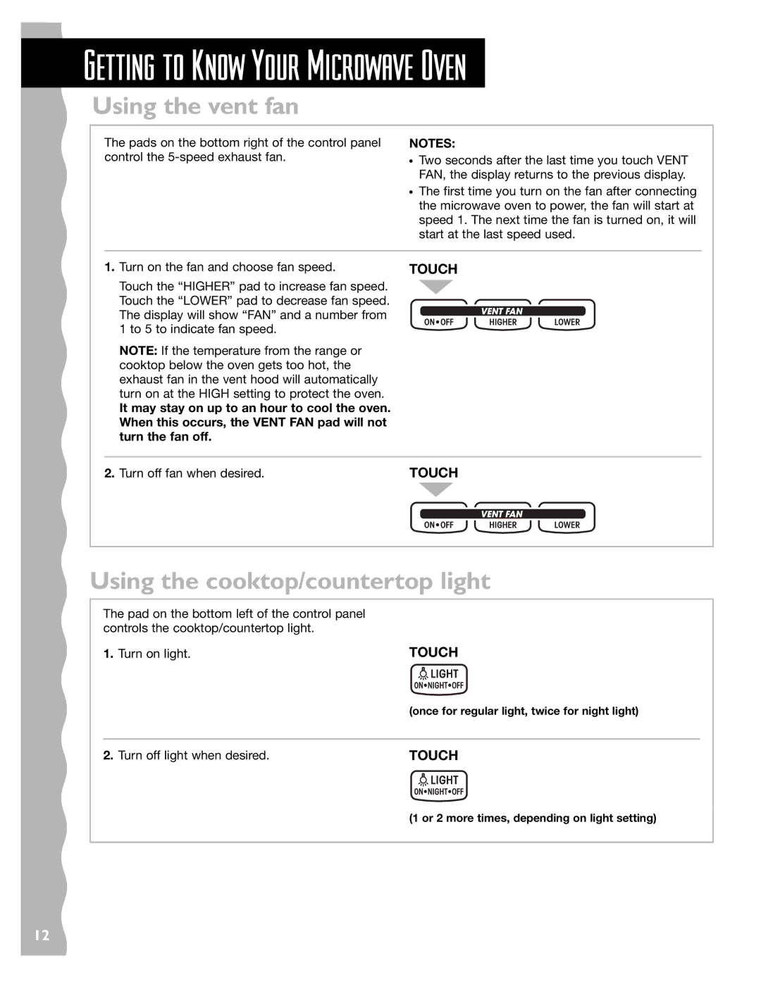 KitchenAid KHMS145J Using the vent fan, Using the cooktop/countertop light, Turn on light, Turn off light when desired 