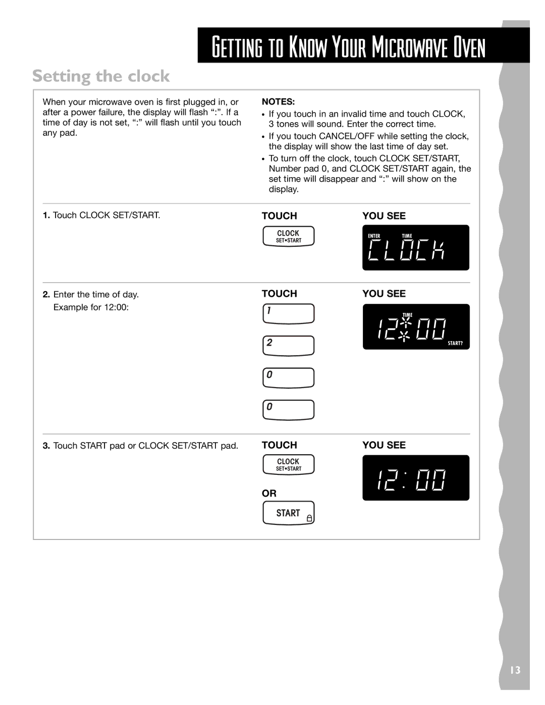 KitchenAid KHMS145J warranty Setting the clock, Touch Start pad or Clock SET/START pad 