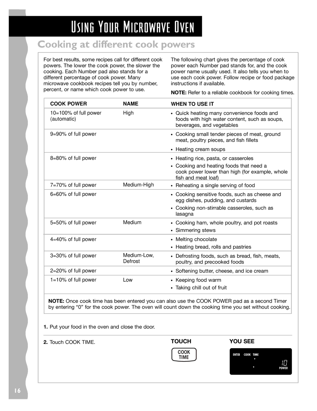 KitchenAid KHMS145J warranty Using Your Microwave Oven, Cooking at different cook powers 