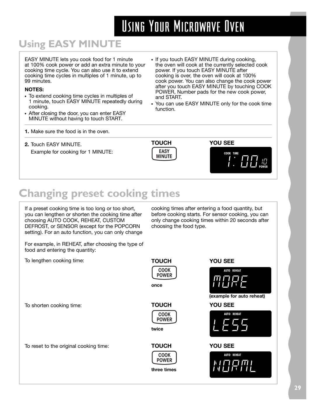 KitchenAid KHMS145J warranty Changing preset cooking times, Using Easy Minute 