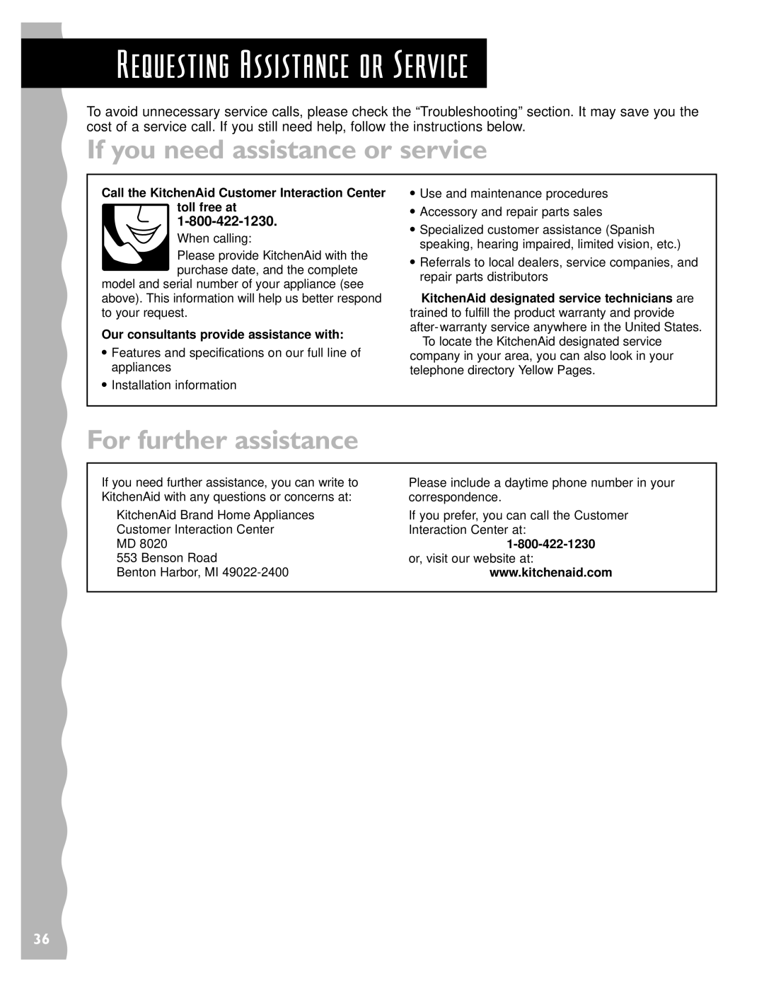 KitchenAid KHMS145J warranty Requesting Assistance or Service, If you need assistance or service, For further assistance 