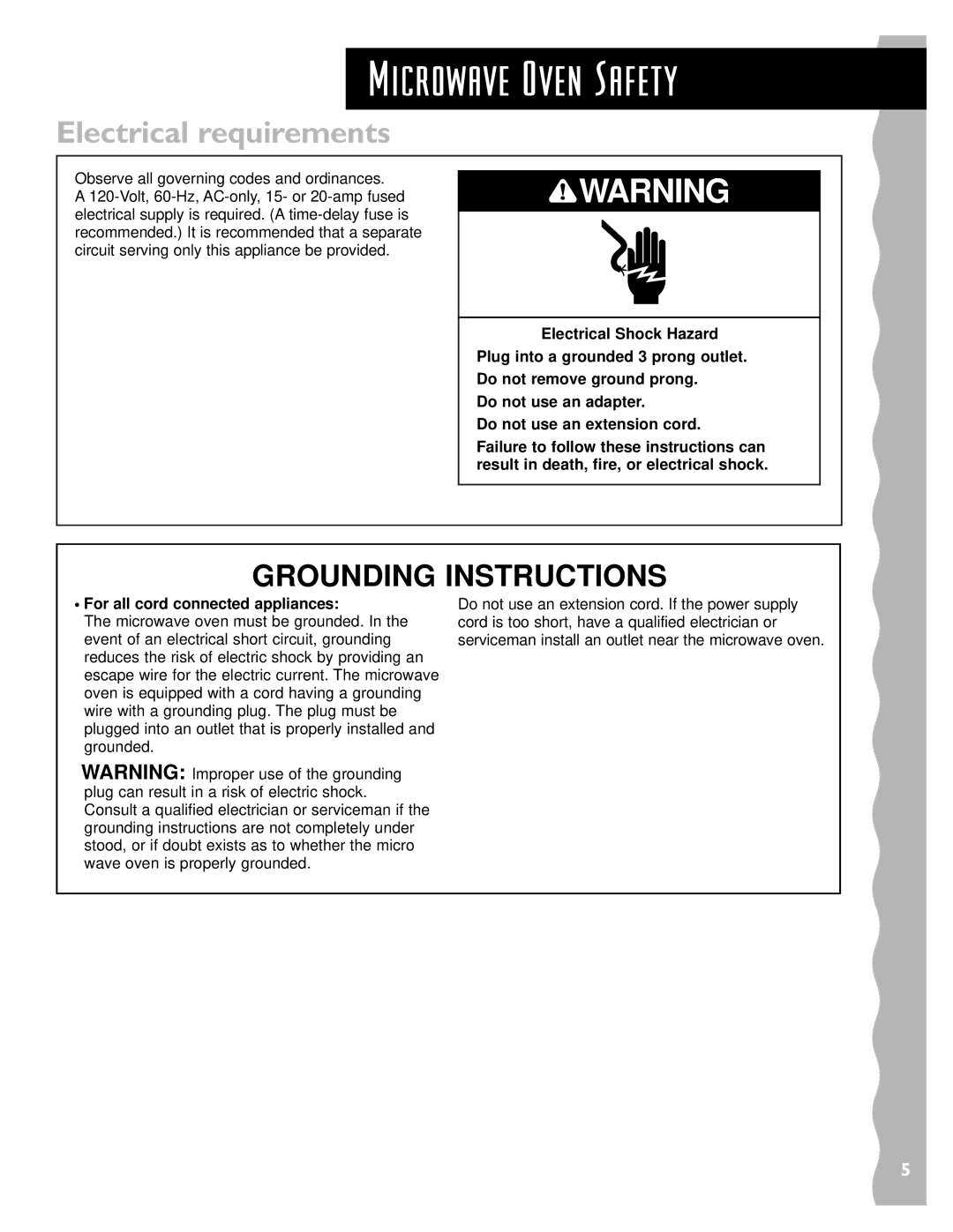 KitchenAid KHMS145J warranty Electrical requirements, Grounding Instructions 