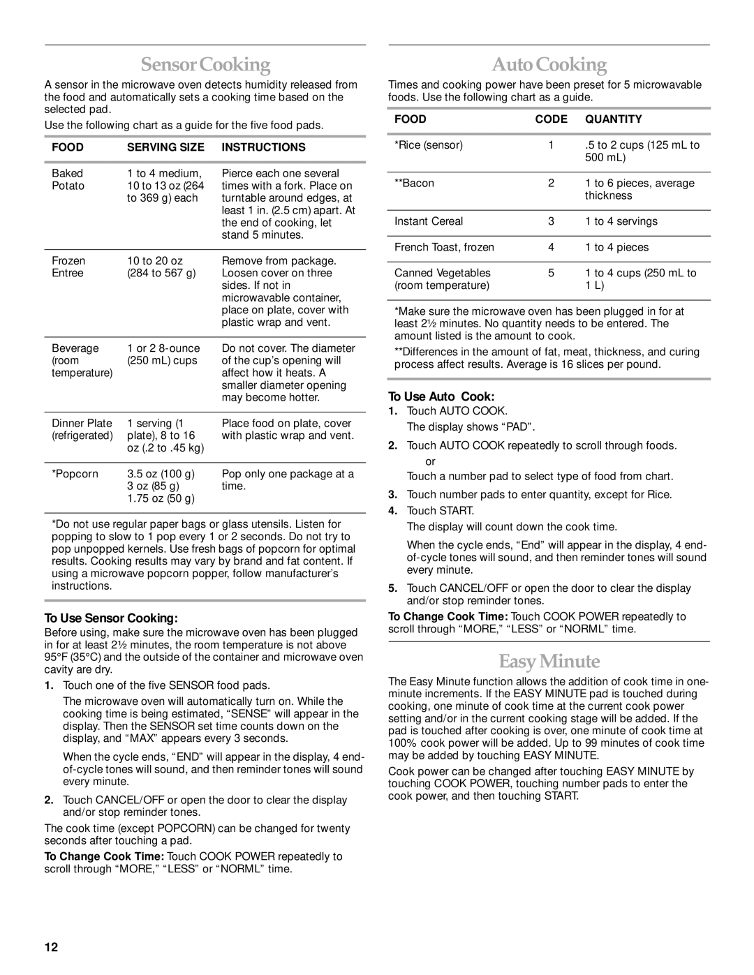 KitchenAid KHMS145KSS manual Auto Cooking, Easy Minute, To Use Sensor Cooking, To Use Auto Cook 