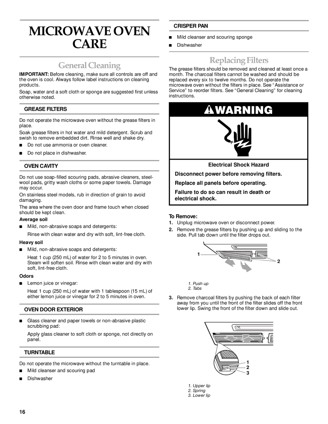 KitchenAid KHMS145KSS manual Microwave Oven Care, General Cleaning, Replacing Filters 