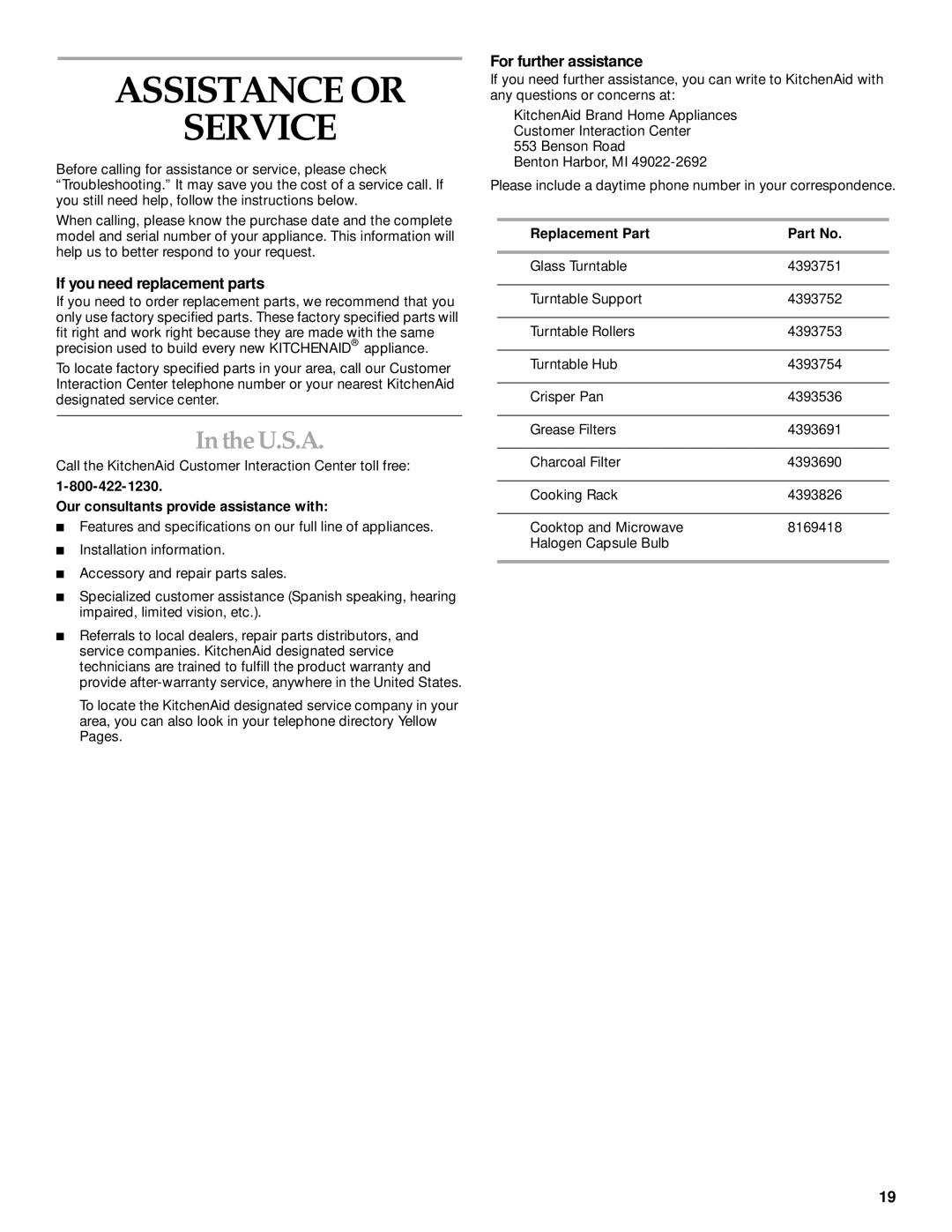 KitchenAid KHMS145KSS manual Assistance or Service, U.S.A, If you need replacement parts, For further assistance 